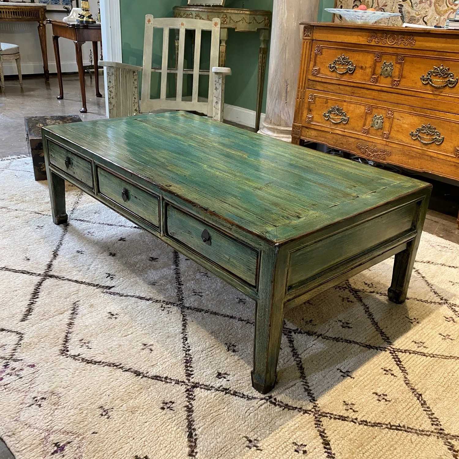 SOLD- Asian Green Lacquered Coffee Table with Three Drawers — Wolf